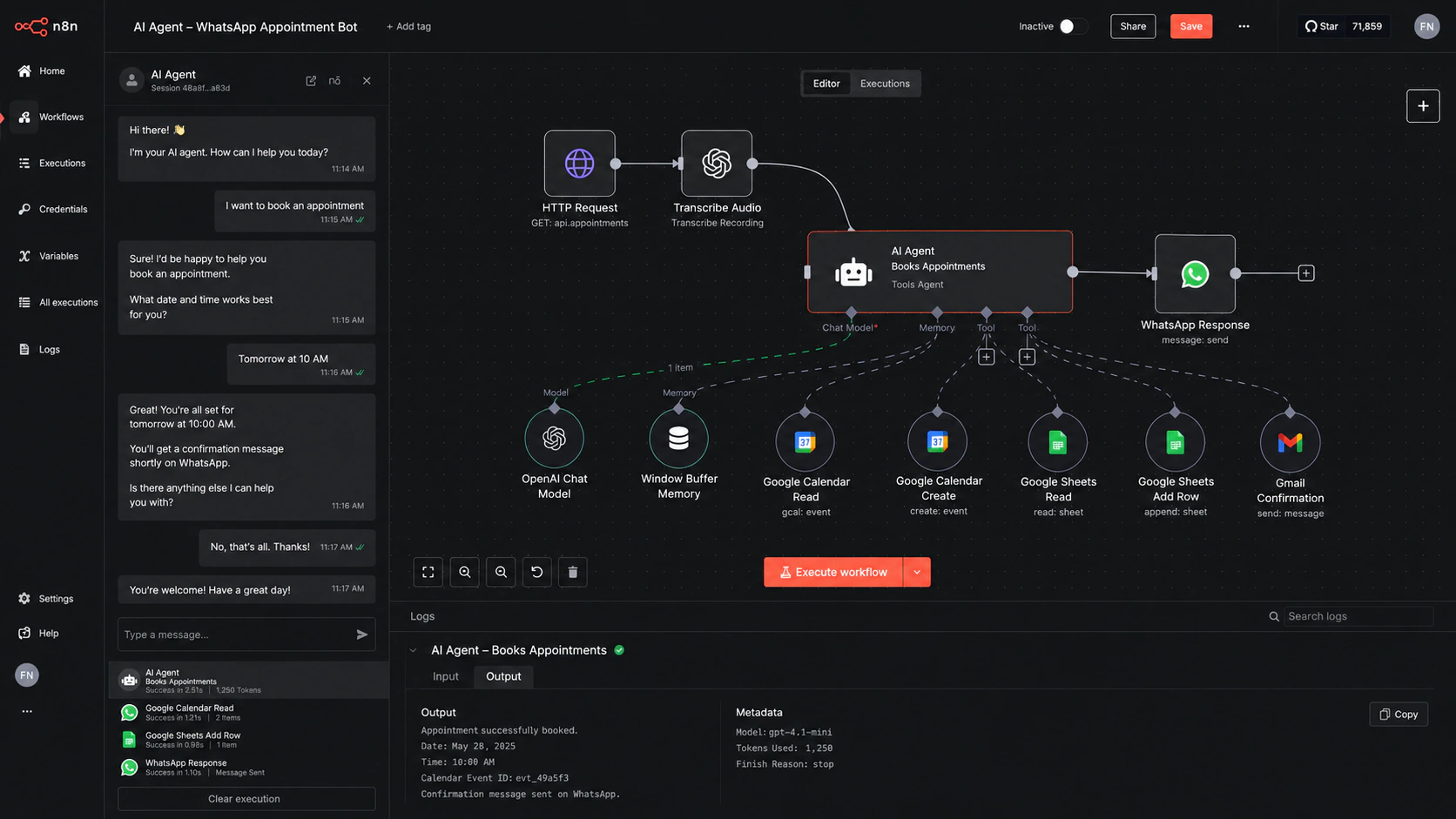 Contoh AI Agent workflow n8n untuk WhatsApp appointment, OpenAI, Google Calendar, Google Sheets, dan Gmail